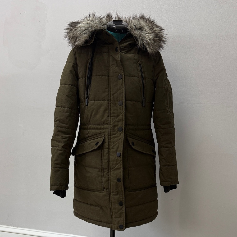 BCBGMaxAzria Olive Puffer Coat with Faux Fur Hood